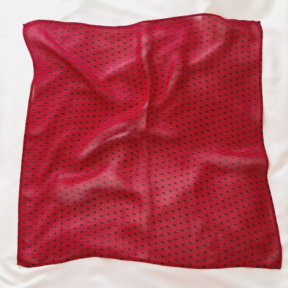 🍎19.5"X19" Silk Gorgette Square Scarf Red Black Polkadot Print